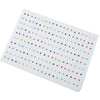 A white display card showing 100 pairs of assorted acrylic stud earrings including hearts, stars, and moons.