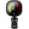 A black clip-on chromatic tuner displaying a note, with a color bar ranging from -50 to +50.