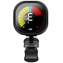 A black clip-on chromatic tuner displaying a note, with a color bar ranging from -50 to +50.