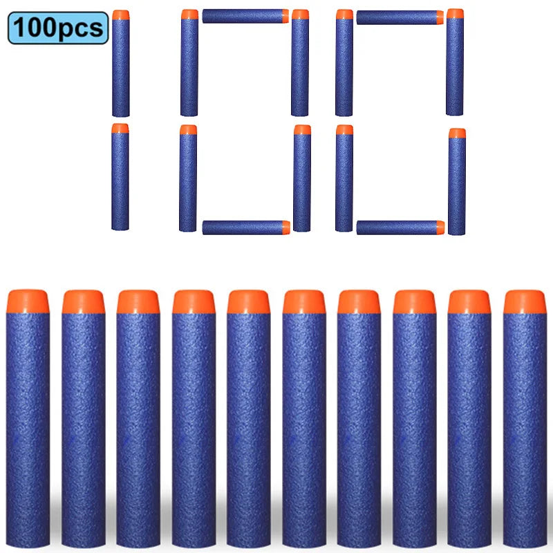 A collection of 100 soft foam dart refills in blue and orange colors displayed vertically.