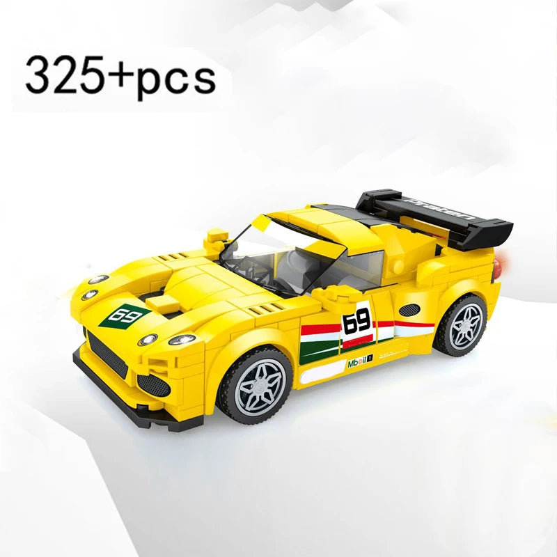 A yellow classic rally car building block set with racing numbers on the hood and side, shown in a studio setting.