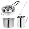 A complete candle making kit featuring a stainless steel pouring pot, wicks, and fixator tool.