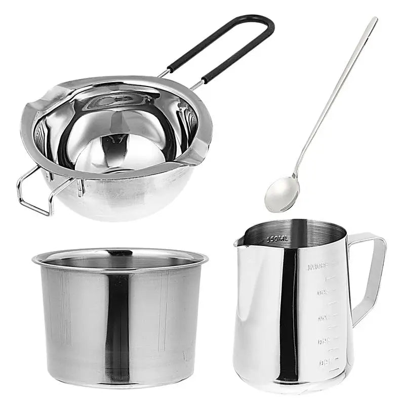 A complete candle making kit featuring a stainless steel pouring pot, wicks, and fixator tool.