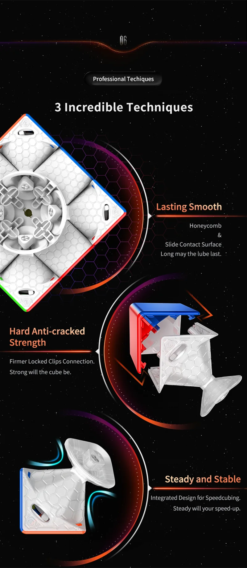 Graphique présentant trois techniques pour un cube magnétique 3x3 : durabilité, douceur et résistance aux fissures.