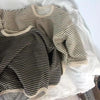 A striped kids cotton pullover sweatshirt in olive green and cream tones.