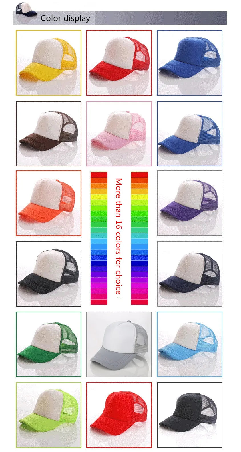 A display of various color options for a custom logo trucker hat, shown from different angles.