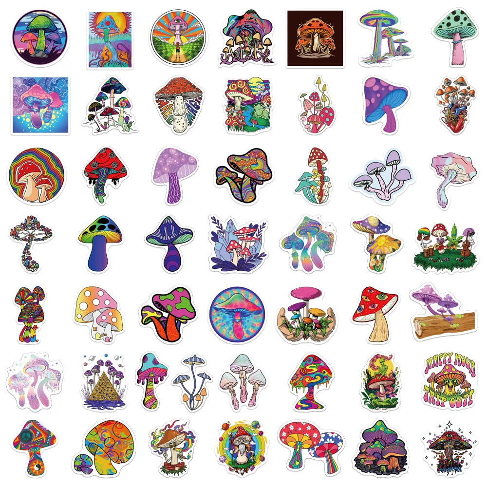 A collection of various psychedelic mushroom vinyl stickers in different colors and styles.