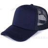 Navy blue trucker hat with a mesh back and an adjustable snapback closure