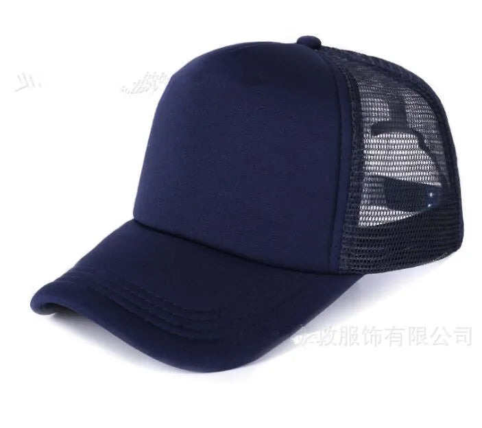 Navy blue trucker hat with a mesh back and an adjustable snapback closure
