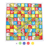 A colorful Snakes and Ladders board game grid with various colored pieces and a winding snake figure.