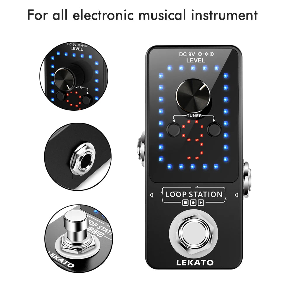 A black LEKATO looper guitar pedal with a tuner and loop station controls.
