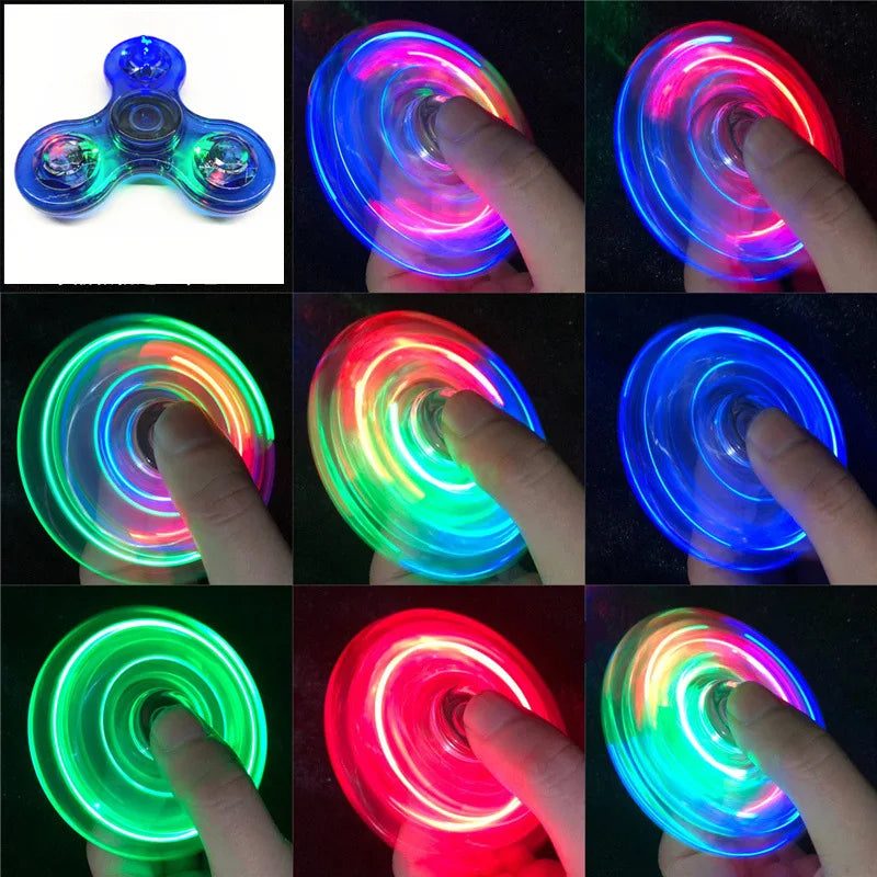 A series of images showing a glow-in-the-dark LED fidget spinner rotating in various colors including blue, pink, green, and 