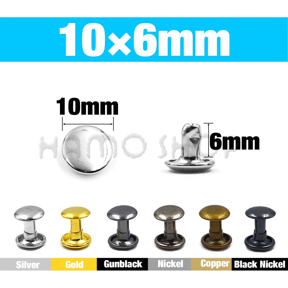 A set of 10x6mm metal double cap rivets in various finishes including silver, gold, gunblack, nickel, copper, and black nicke
