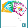 A set of colorful wooden pattern blocks and design cards for learning Chinese and English patterns.
