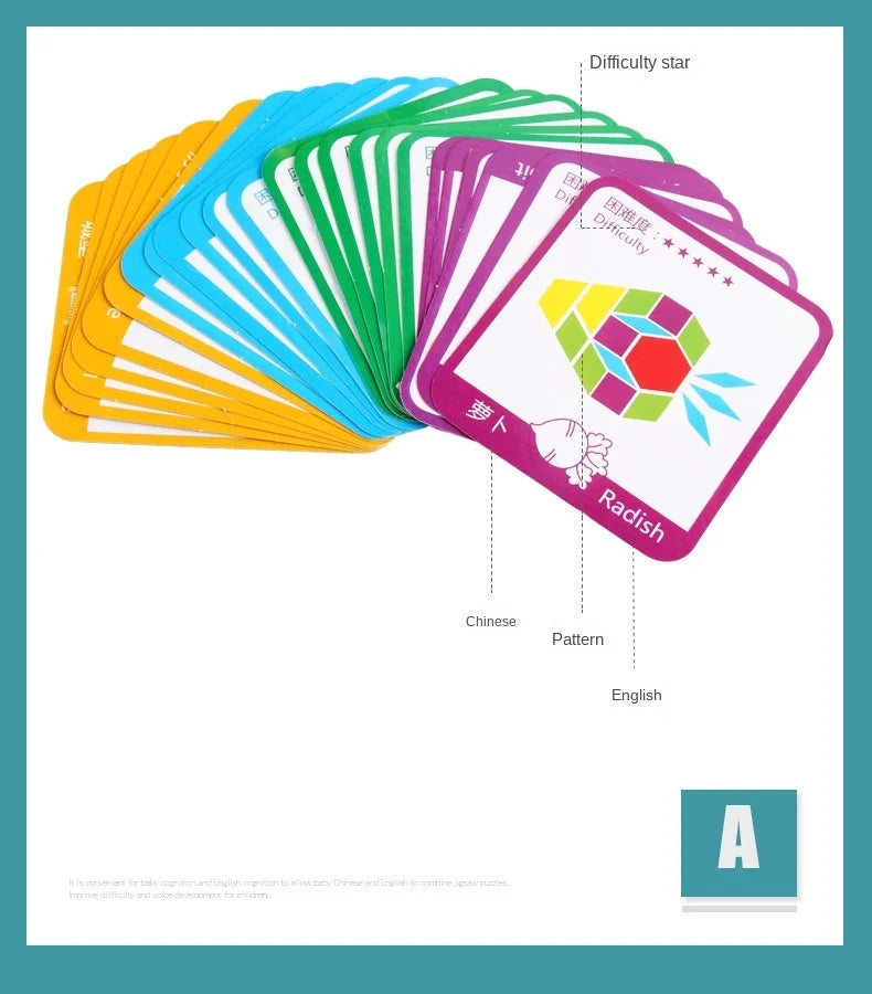 A set of colorful wooden pattern blocks and design cards for learning Chinese and English patterns.