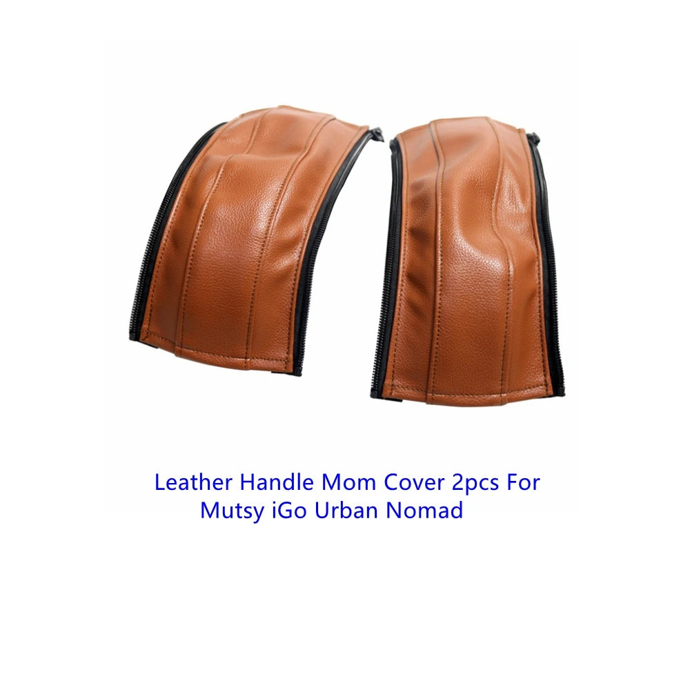 Two brown leather handle covers for a stroller, designed to protect and provide a comfortable grip.