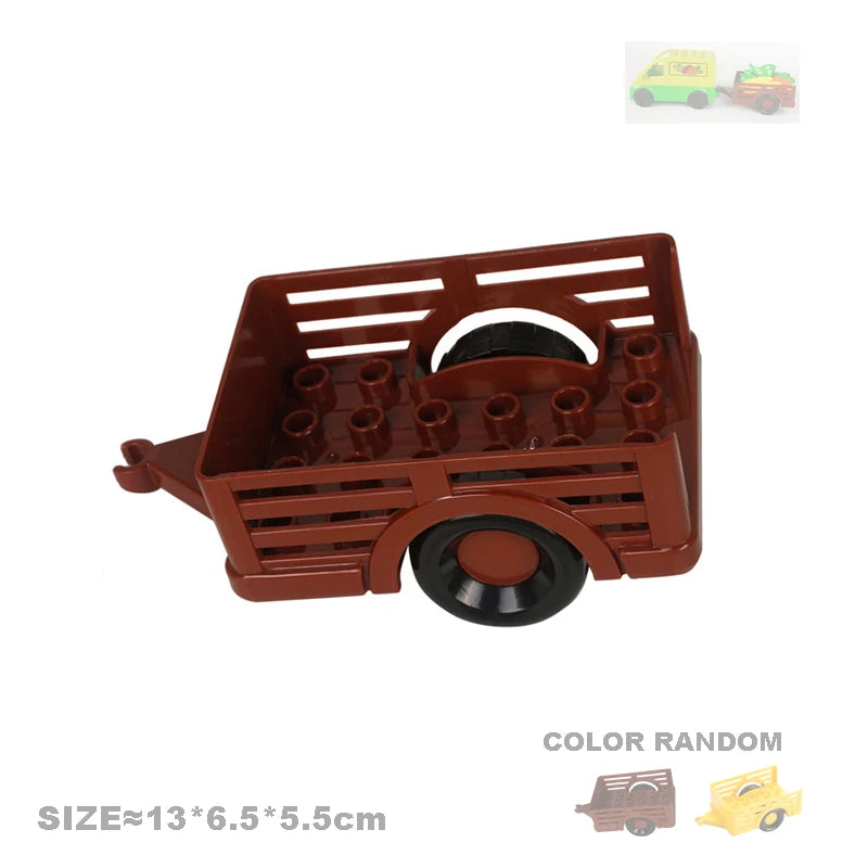 A brown plastic city traffic building block set featuring vehicles and a trailer.