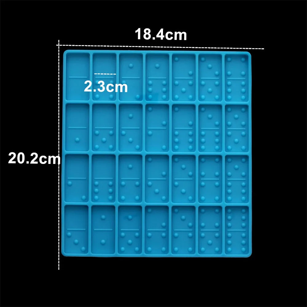 A blue silicone mold set with 18.4cm length and 20.2cm height, featuring multiple rectangular cavities for jewelry making.