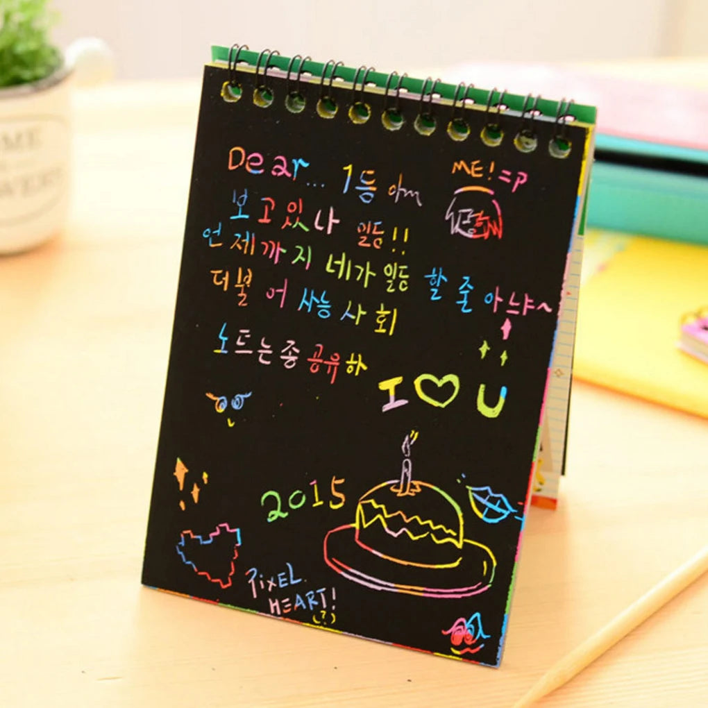 Rainbow Scratch Art Paper Notebook with Wooden Stylus - 12 Sheets of Colorful Doodle Fun