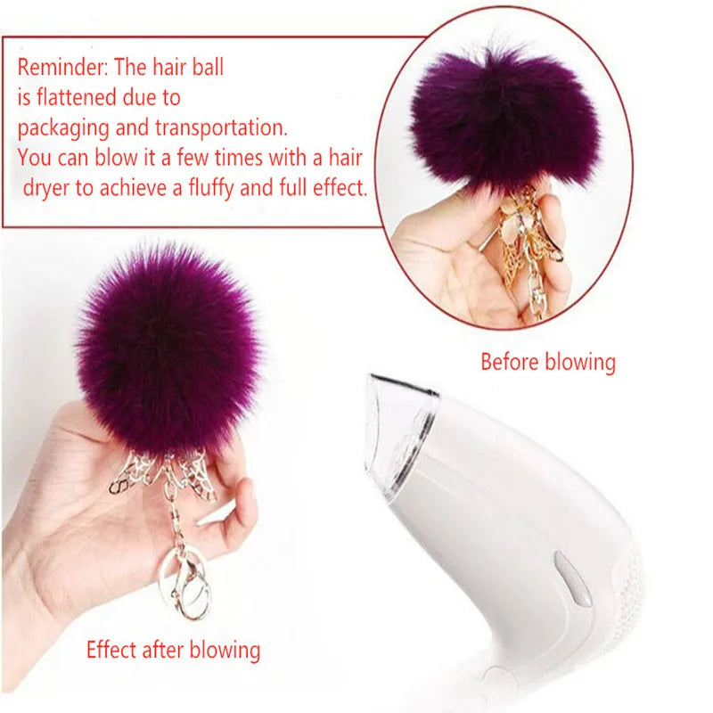 Demonstration showing how to fluff a purple mink fur pom pom using a hair dryer for crafts.