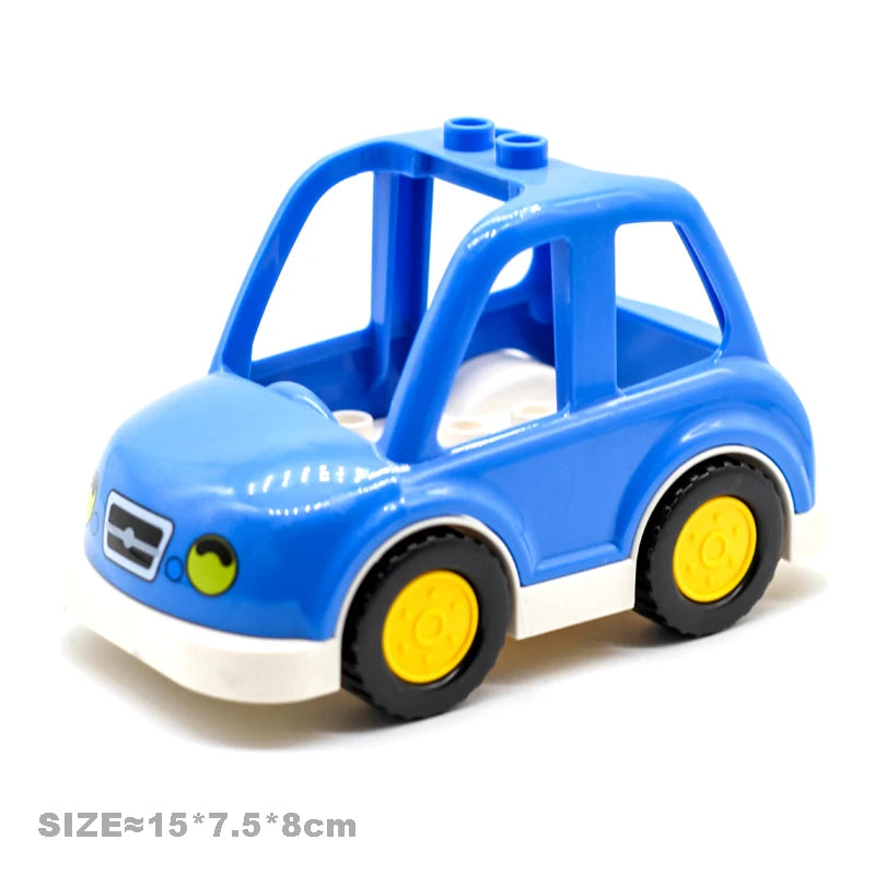Blue city traffic building block set featuring a car and trailer