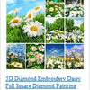 A collage of floral landscape paintings showing various white and yellow flowers in a diamond painting format.