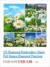 A collage of floral landscape paintings showing various white and yellow flowers in a diamond painting format.