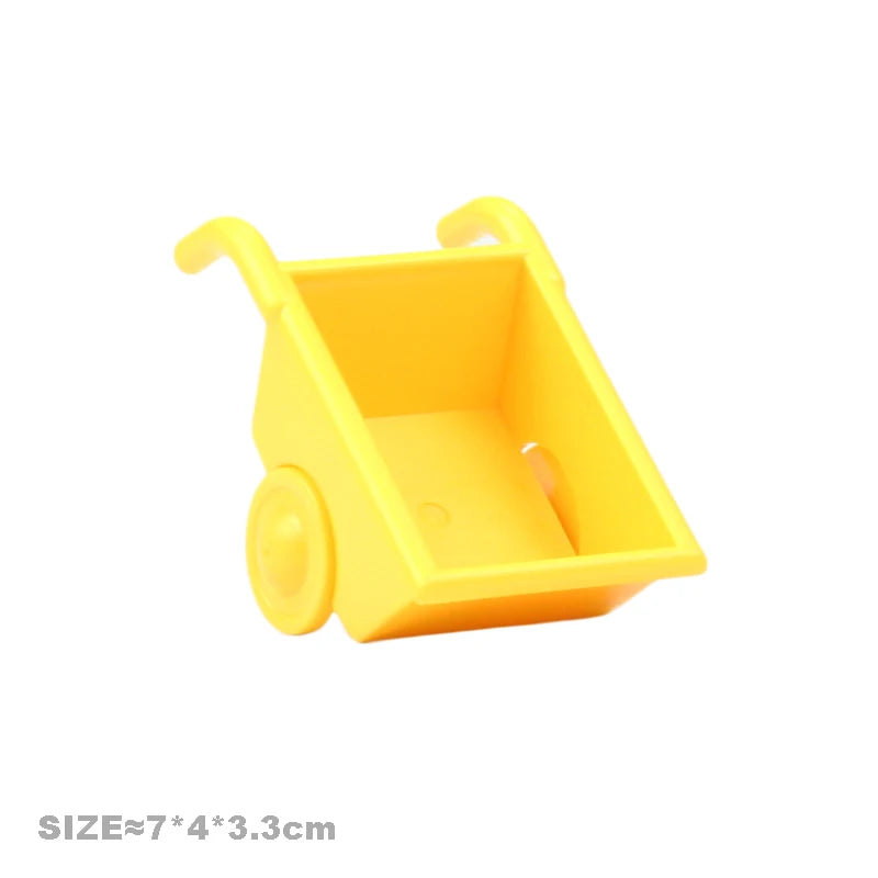 Yellow plastic city traffic building block set featuring vehicles and a trailer.