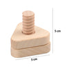 A wooden screw and nut building block set showing a screw and a base piece with dimensions of 5 cm.