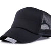 Black trucker hat with a mesh back and a curved brim.