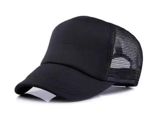 Black trucker hat with a mesh back and a curved brim.