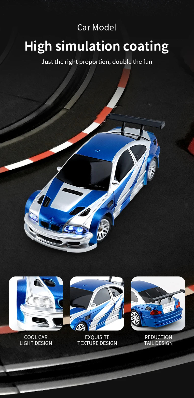 Blue and white high simulation coating on a mini RC drift car with 4WD and 2.4G remote control