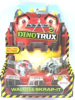 A DinoTrux dinosaur truck toy car with removable dinosaur figures displayed in its packaging.