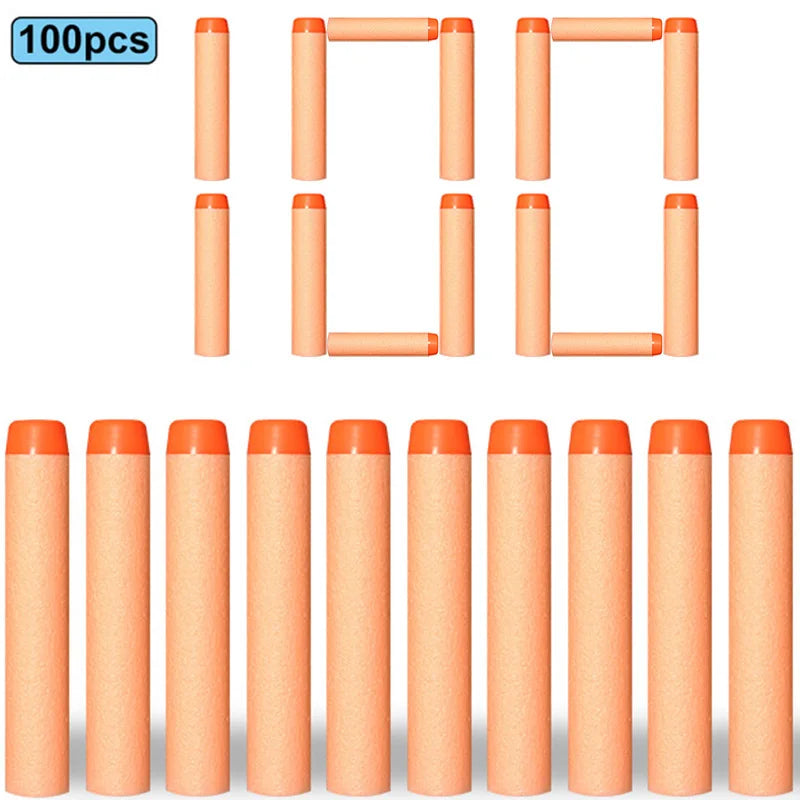 A collection of soft foam dart refills in various sizes and colors, packaged for toy blasters.