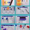 A collection of Rainbow Link Cubes showing various math and counting activities including addition, number cards, draw cubes,