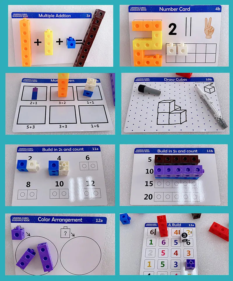 A collection of Rainbow Link Cubes showing various math and counting activities including addition, number cards, draw cubes,