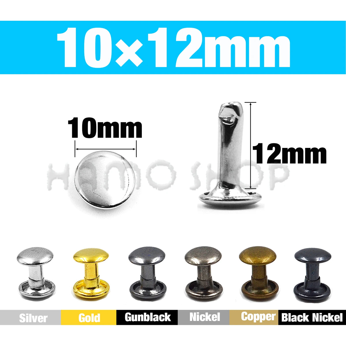 A set of metal double cap rivets in various finishes including silver, gold, gunblack, nickel, copper, and black nickel.