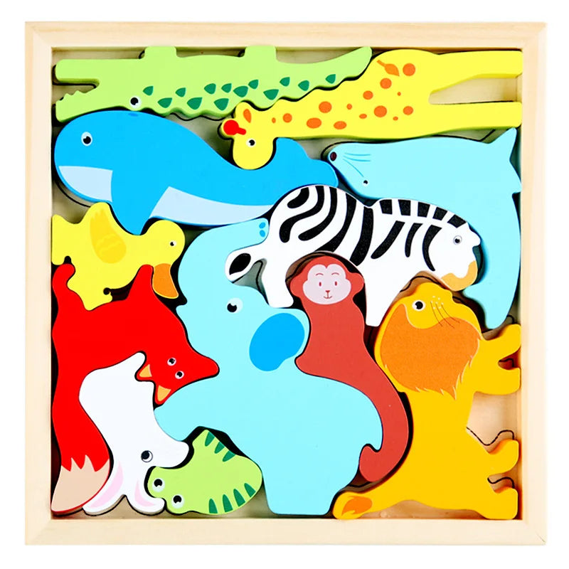A wooden 3D puzzle board featuring colorful cartoon animals like a giraffe, fish, tiger, and fox.