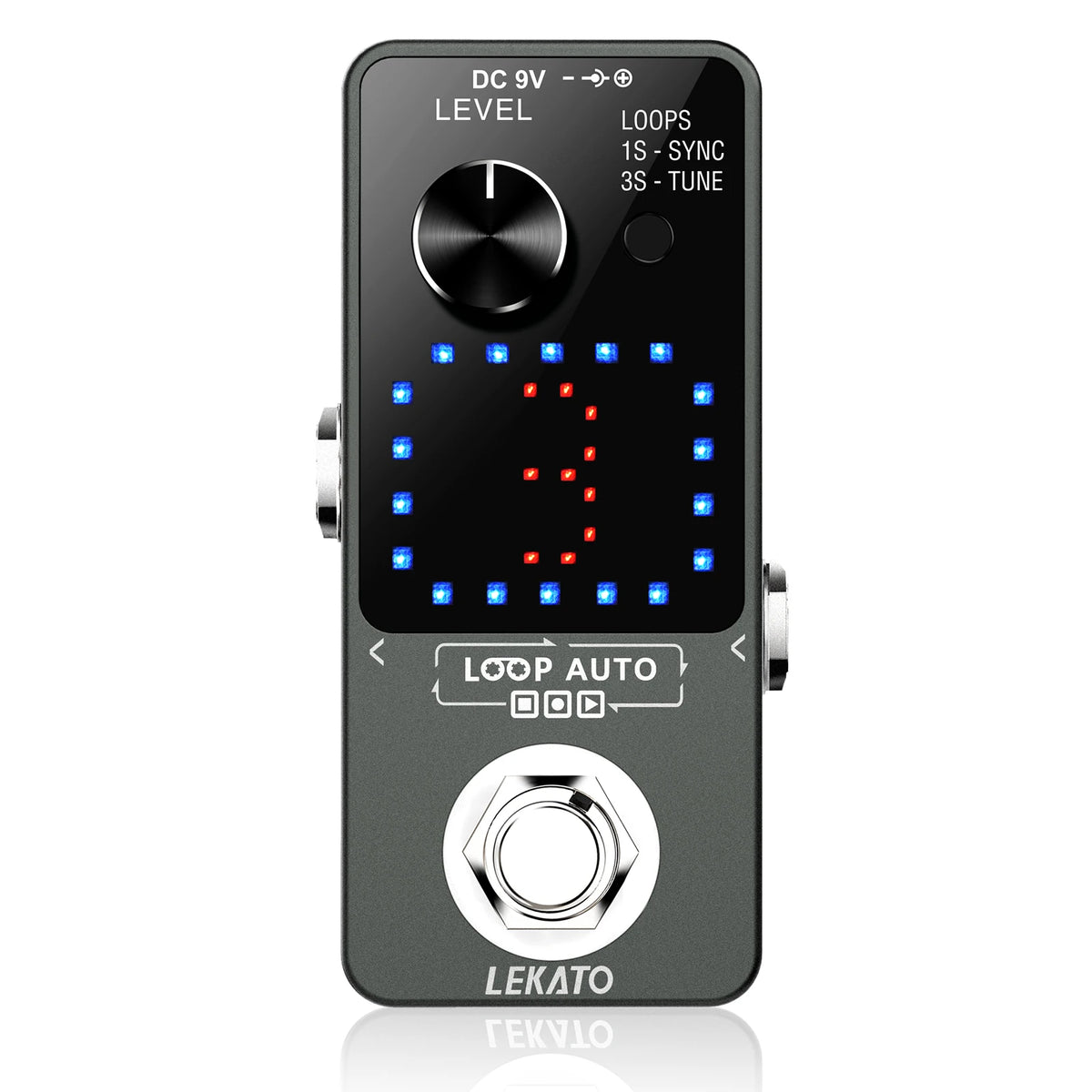 A black compact looper pedal with a silver knob and an LED display showing a numerical sequence.