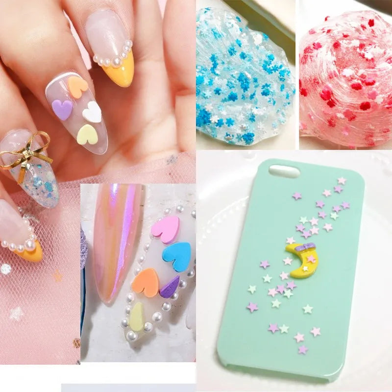 Close-up of colorful polymer clay slice sprinkles used for slime and DIY crafts displayed on fingernails and a smartphone.