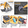 Close up view of a yellow remote control excavator attachment showing how to insert the battery and secure the battery cover