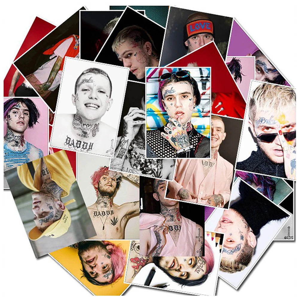 A collage of various graffiti and artistic stickers featuring faces, skulls, and abstract designs.