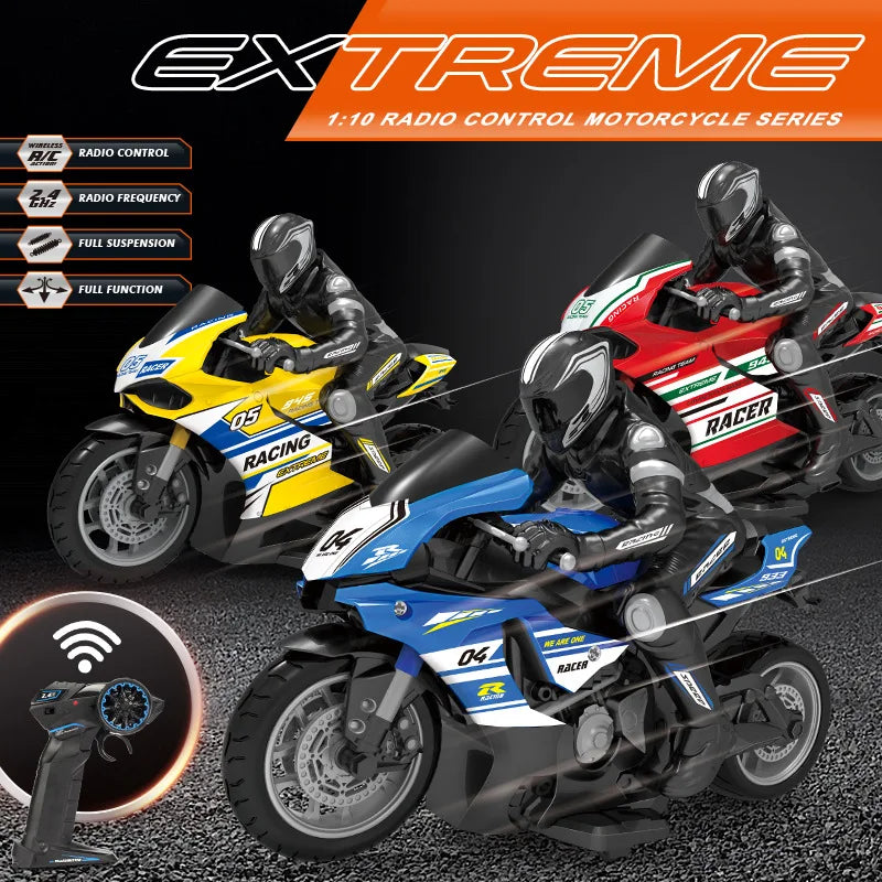 A black and blue remote control motorcycle is shown with a rider, featuring radio control and full suspension features.