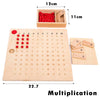 A wooden multiplication learning set featuring a large board, a spindle box, and geometric wooden shapes.