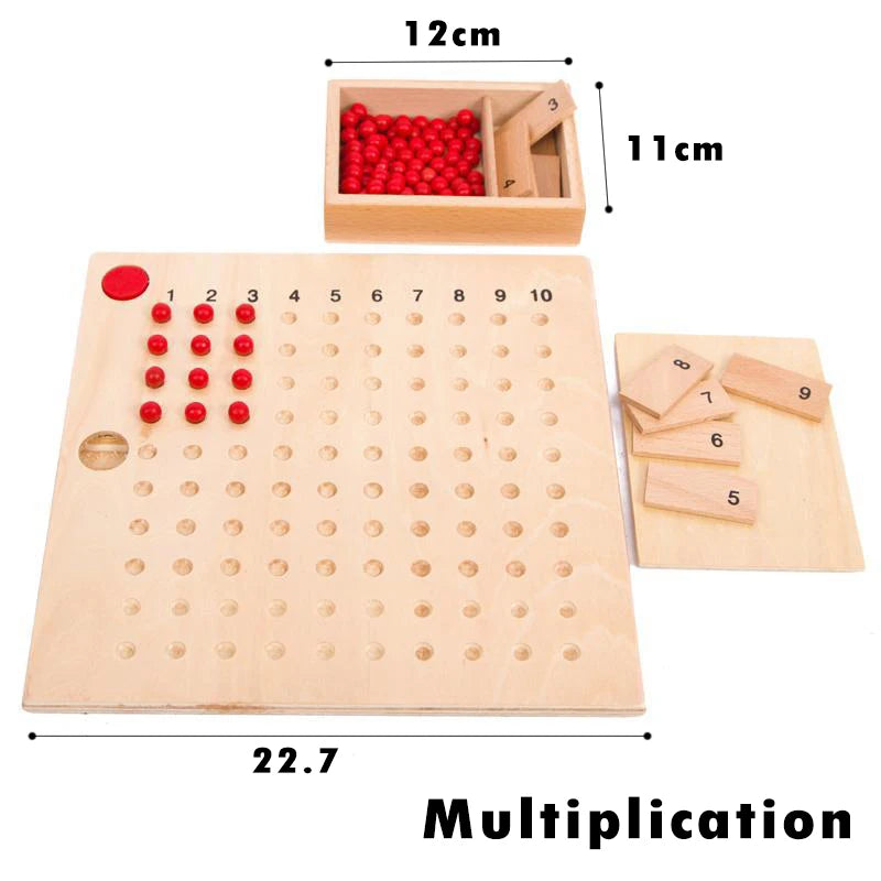 A wooden multiplication learning set featuring a large board, a spindle box, and geometric wooden shapes.