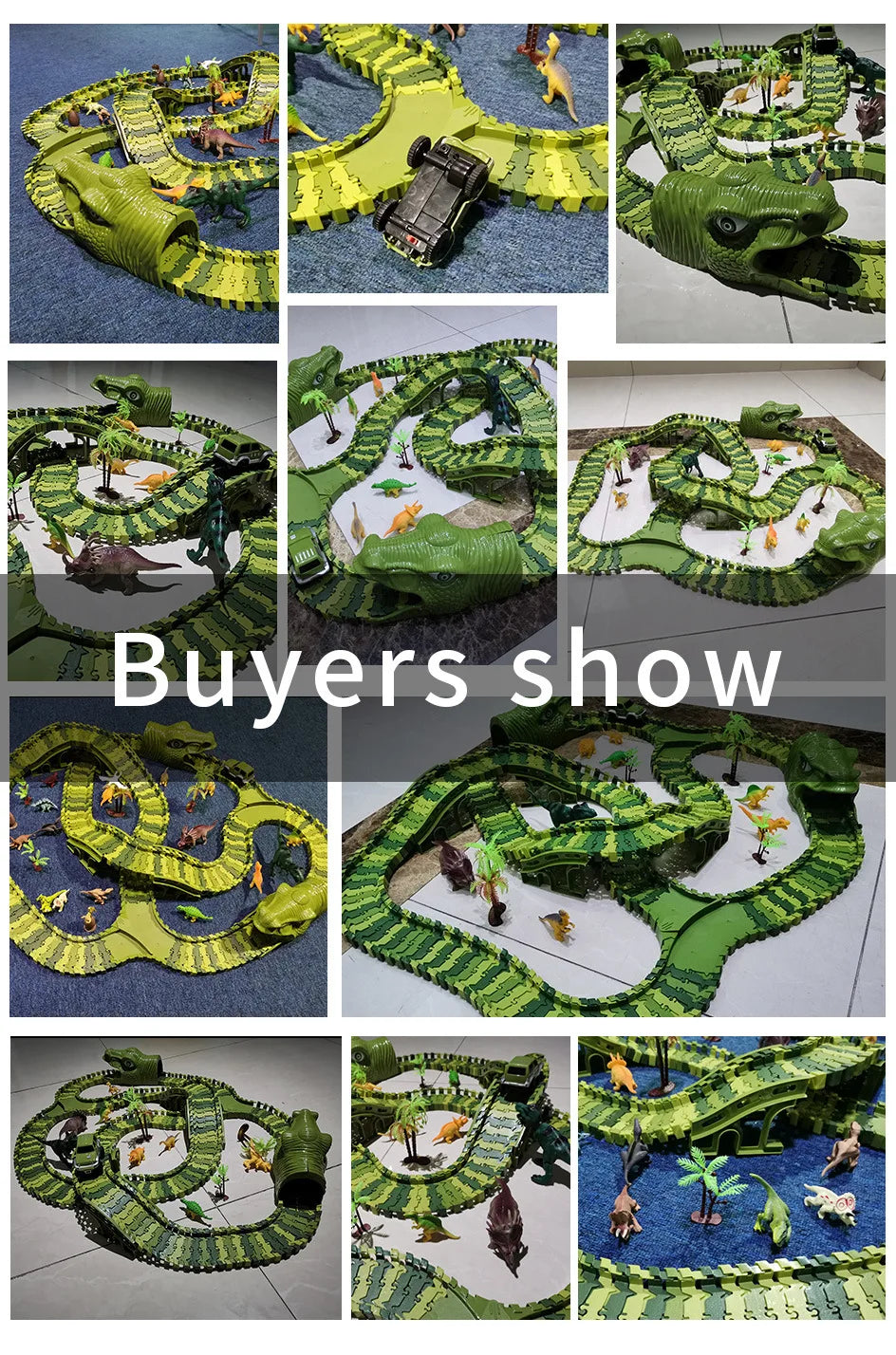 A display of a Dinosaur LED Flexi-Track Racing Car Set featuring various green and yellow track layouts and vehicles.