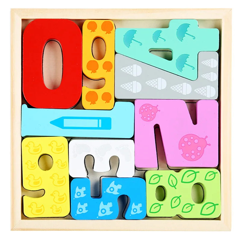 A wooden 3D puzzle board for toddlers featuring colorful shapes and cartoon animals and fruit.
