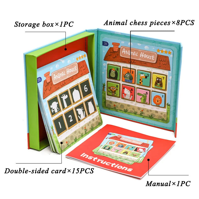 A set of magnetic animal and number matching game includes a storage box, animal chess pieces, instructions, and a manual.