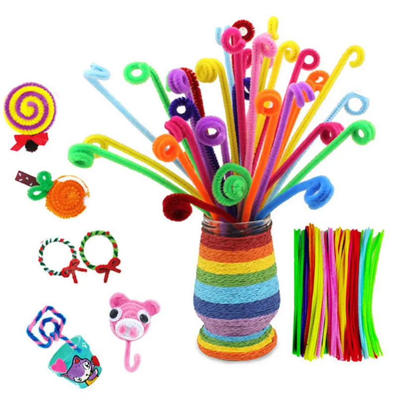 A collection of 100 colorful pipe cleaners and craft materials for DIY projects.