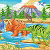 A colorful illustration of dinosaurs and a landscape suitable for a wooden jigsaw puzzle.